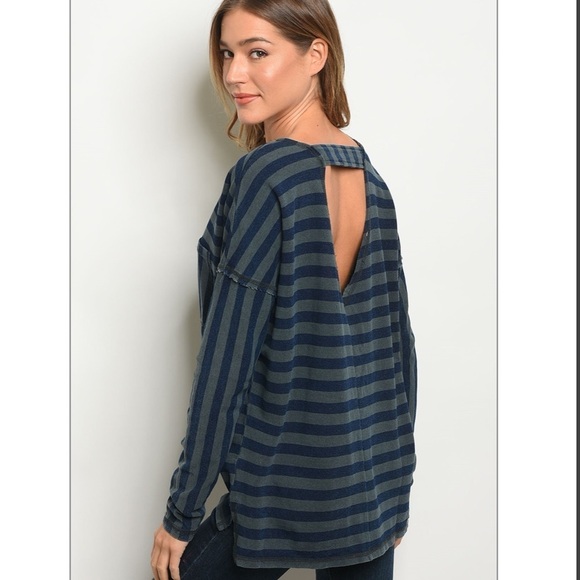 Olive & Navy Striped Top Open Back - Picture 3 of 8